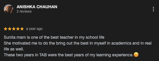 google reviews from Anishka Chauhan about SSTAB